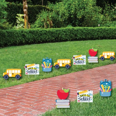 Back to School - Backpack, School Bus, Apple and Books Lawn Decorations - Outdoor First Day of School Classroom Yard Decorations - 10 Piece