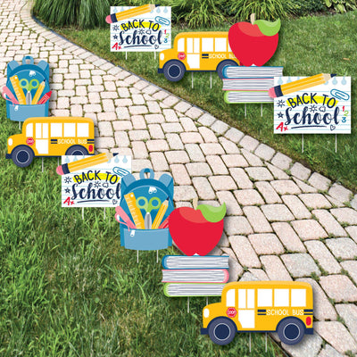 Back to School - Backpack, School Bus, Apple and Books Lawn Decorations - Outdoor First Day of School Classroom Yard Decorations - 10 Piece