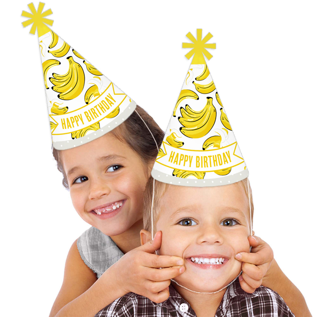 Let's Go Bananas - Cone Happy Birthday Party Hats for Kids and Adults - Set of 8 (Standard Size)