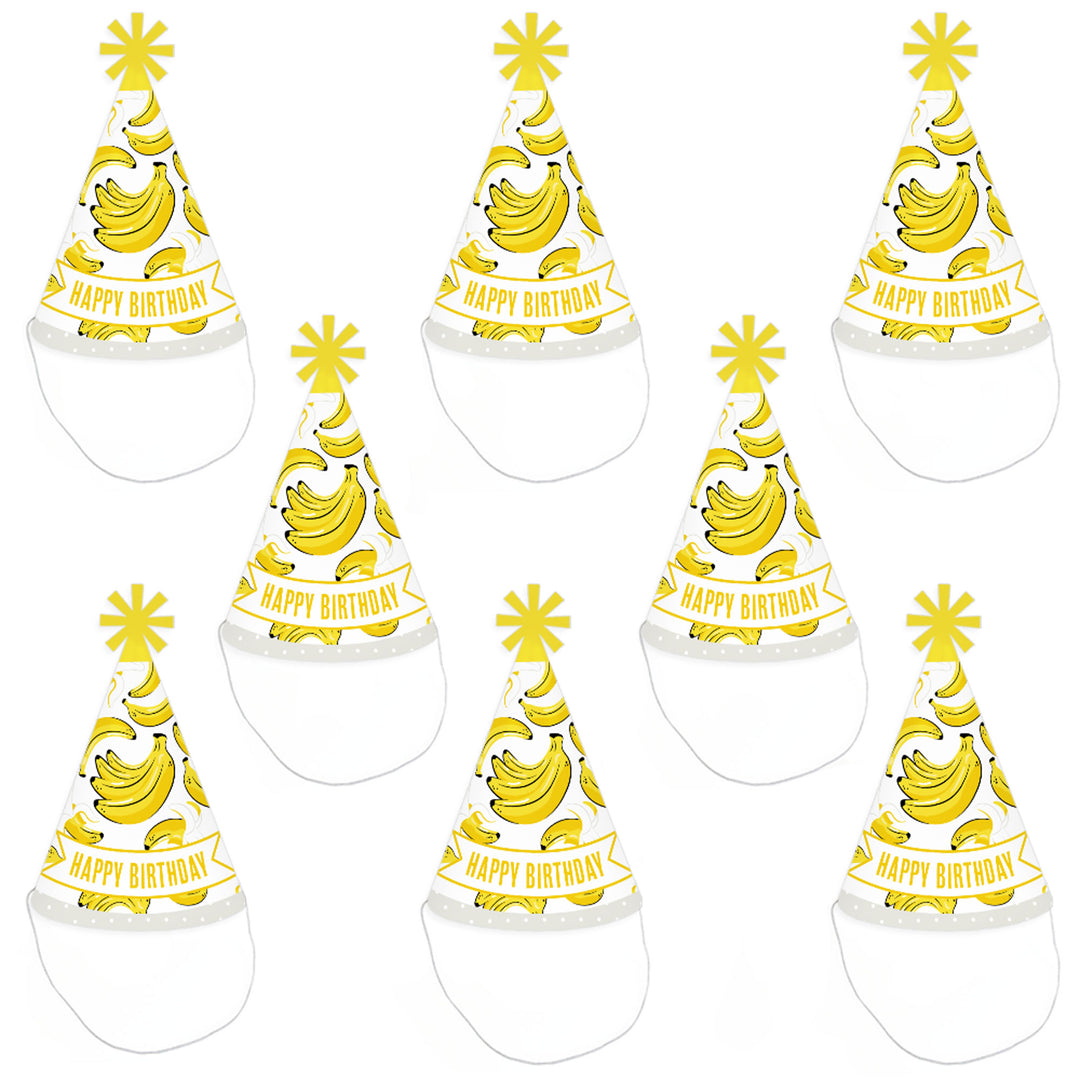 Let's Go Bananas - Cone Happy Birthday Party Hats for Kids and Adults - Set of 8 (Standard Size)