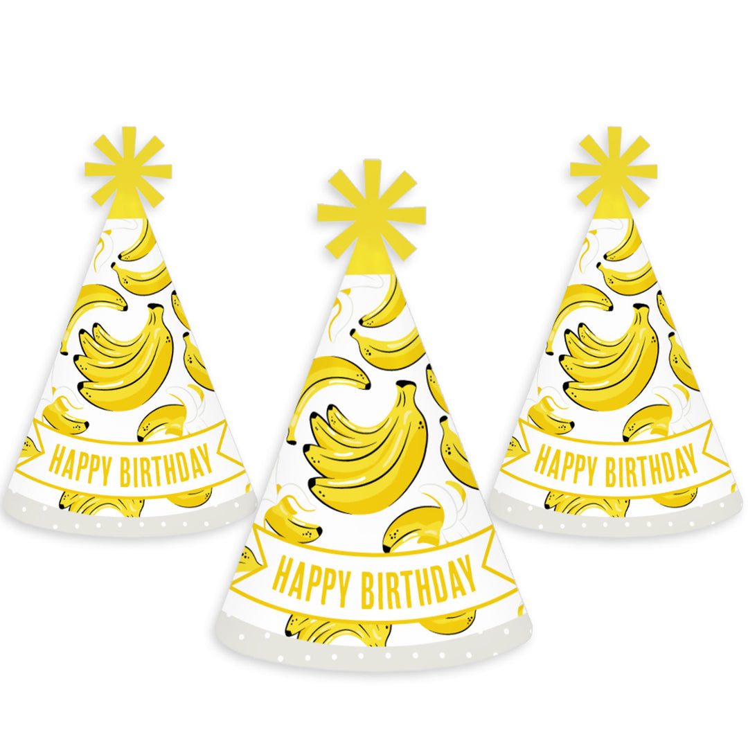 Let's Go Bananas - Cone Happy Birthday Party Hats for Kids and Adults - Set of 8 (Standard Size)
