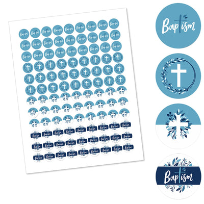 Baptism Blue Elegant Cross - Boy Religious Party Round Candy Sticker Favors - Labels Fit Hershey's Kisses - 108 ct