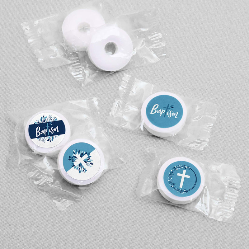 Baptism Blue Elegant Cross - Boy Religious Party Round Candy Sticker Favors - Labels Fit Hershey&