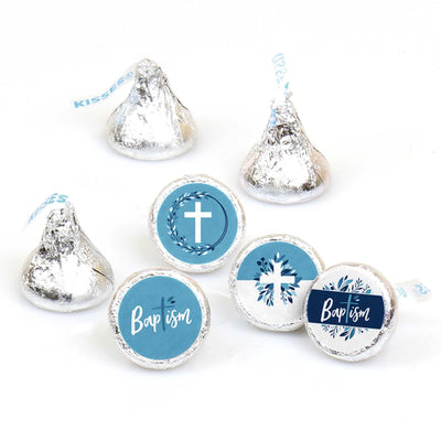 Baptism Blue Elegant Cross - Boy Religious Party Round Candy Sticker Favors - Labels Fit Hershey's Kisses - 108 ct