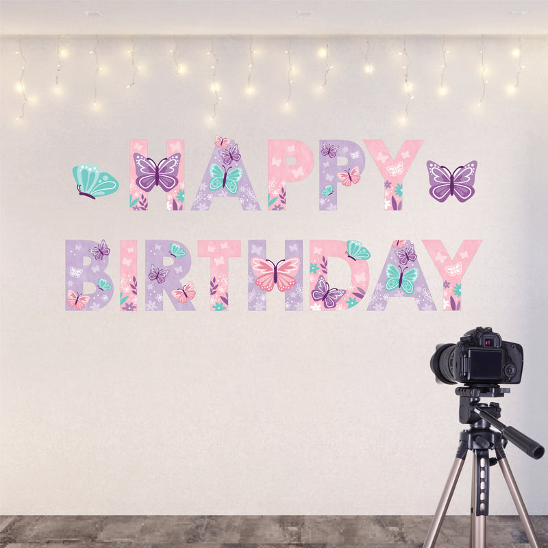 Beautiful Butterfly - Peel and Stick Floral Birthday Party Large Banner Wall Decals - Happy Birthday