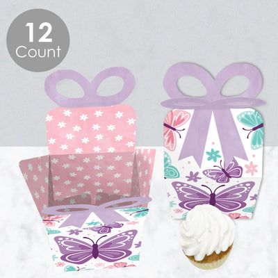 Beautiful Butterfly - Square Favor Gift Boxes - Floral Baby Shower or Birthday Party Bow Boxes - Set of 12