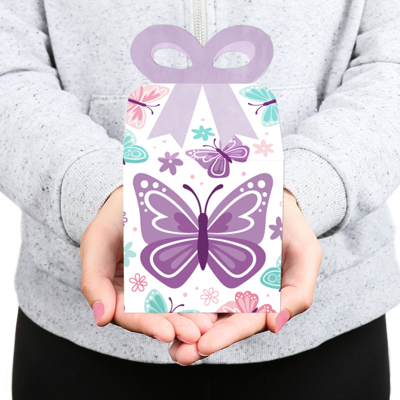 Beautiful Butterfly - Square Favor Gift Boxes - Floral Baby Shower or Birthday Party Bow Boxes - Set of 12