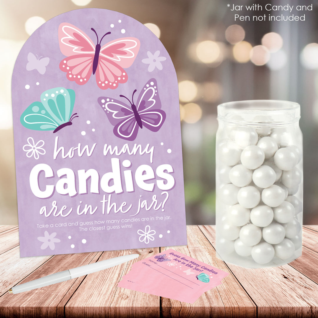 Beautiful Butterfly - How Many Candies Floral Baby Shower or Birthday Party Game - 1 Stand and 40 Cards - Candy Guessing Game
