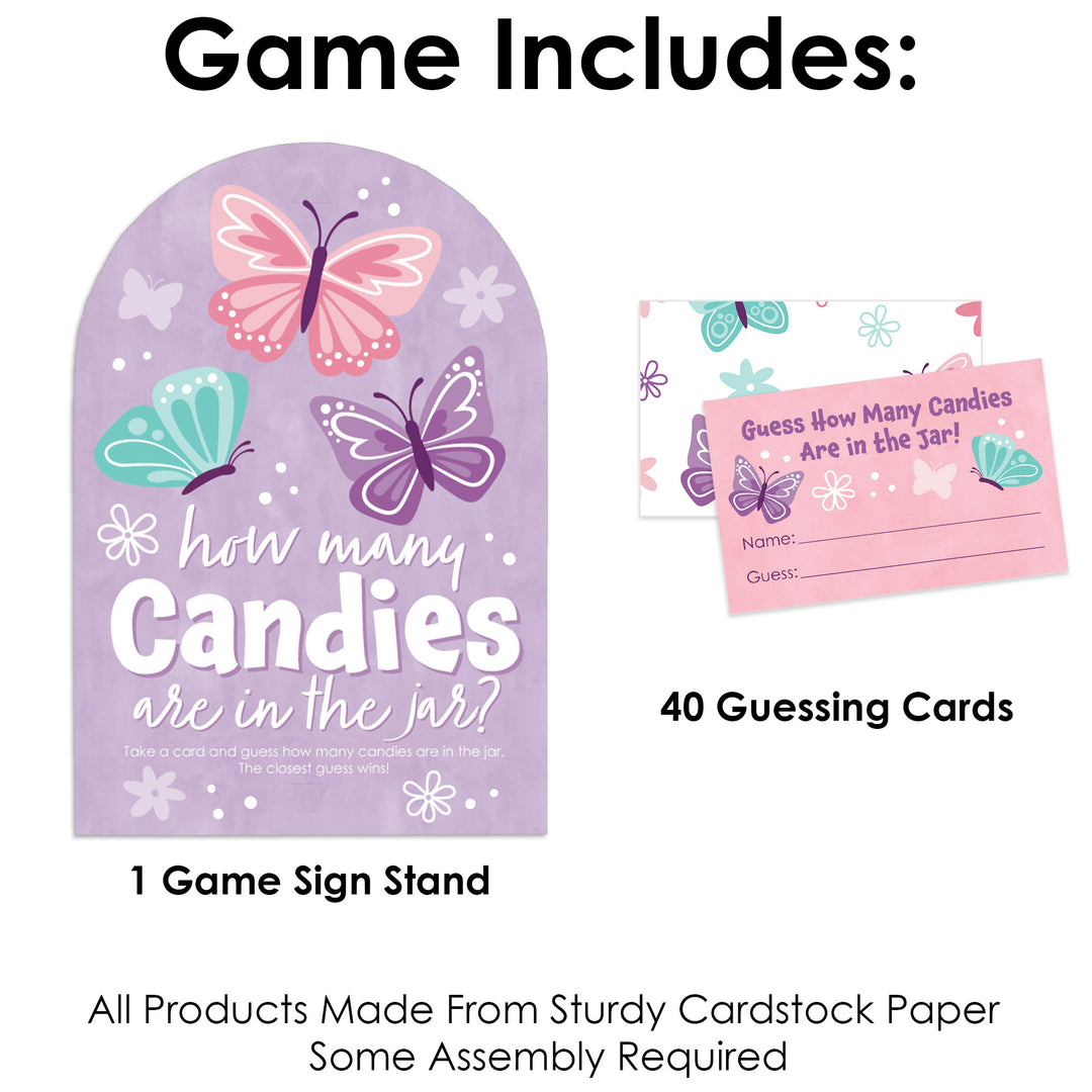 Beautiful Butterfly - How Many Candies Floral Baby Shower or Birthday Party Game - 1 Stand and 40 Cards - Candy Guessing Game