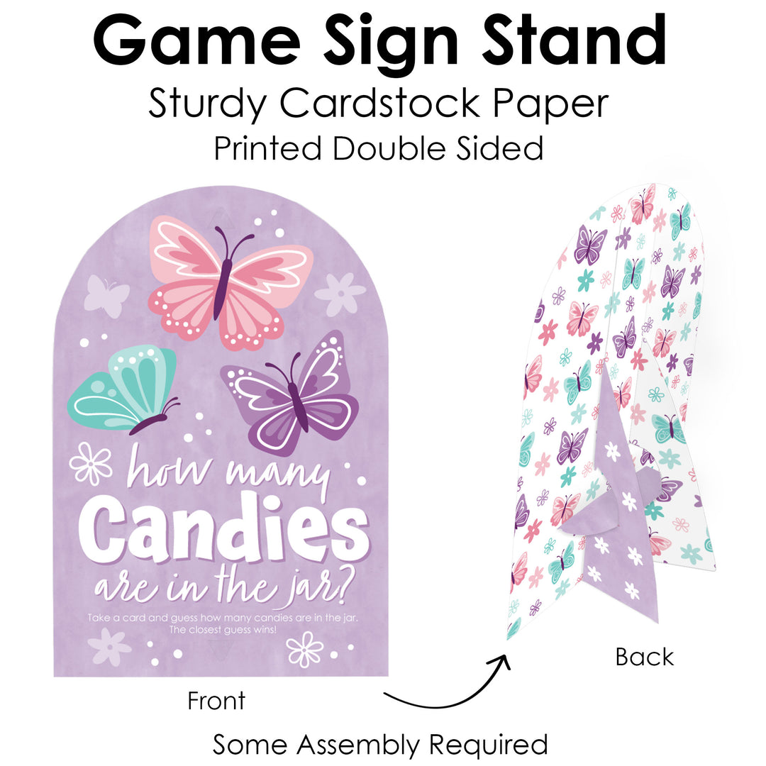 Beautiful Butterfly - How Many Candies Floral Baby Shower or Birthday Party Game - 1 Stand and 40 Cards - Candy Guessing Game