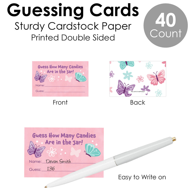 Beautiful Butterfly - How Many Candies Floral Baby Shower or Birthday Party Game - 1 Stand and 40 Cards - Candy Guessing Game