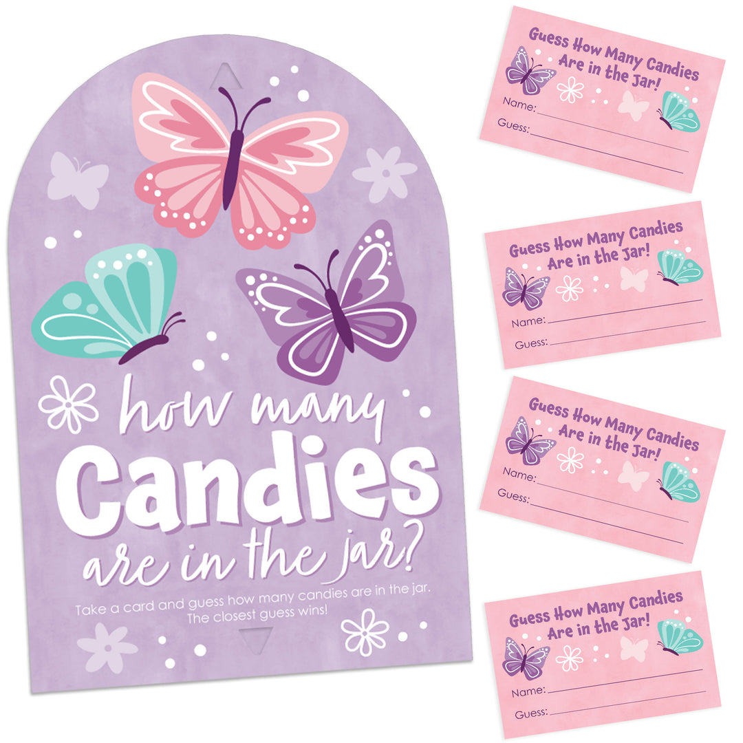 Beautiful Butterfly - How Many Candies Floral Baby Shower or Birthday Party Game - 1 Stand and 40 Cards - Candy Guessing Game