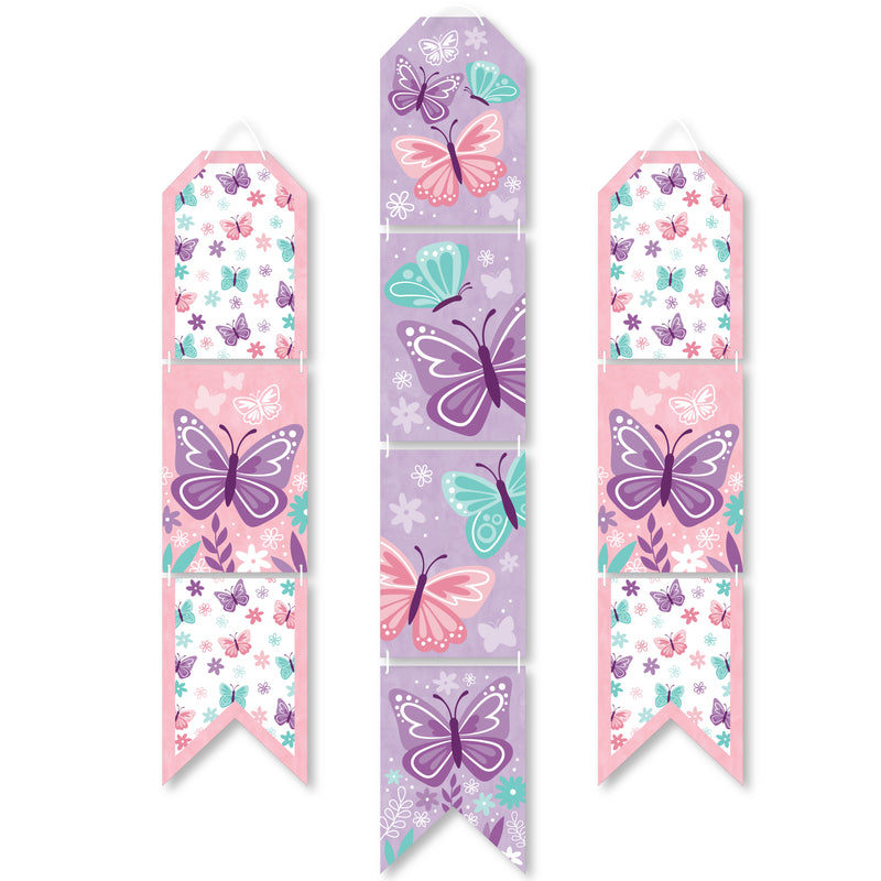 Beautiful Butterfly - Hanging Vertical Paper Door Banners - Floral Baby Shower or Birthday Party Wall Decoration Kit - Indoor Door Decor
