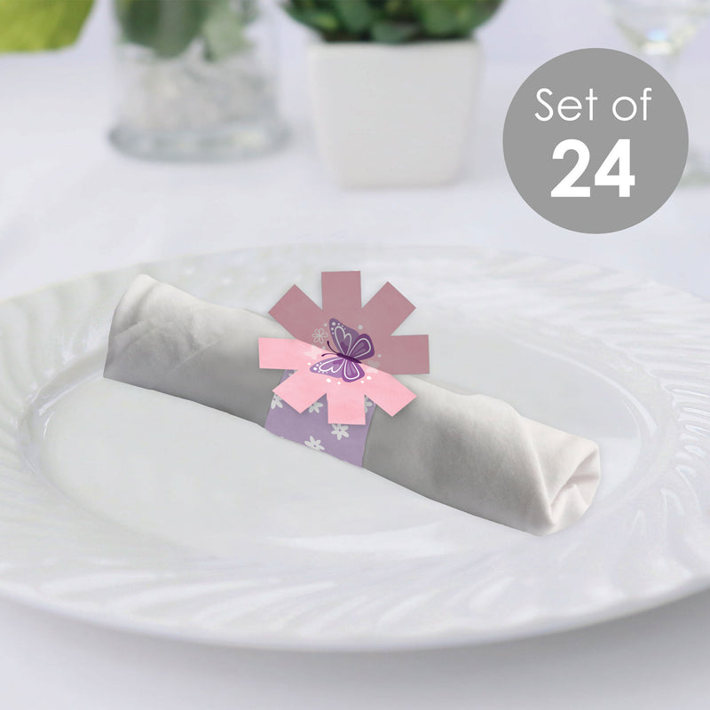 Beautiful Butterfly - Floral Baby Shower or Birthday Party Paper Napkin Holder - Napkin Rings - Set of 24