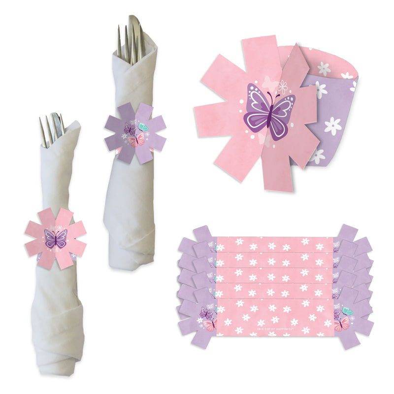 Beautiful Butterfly - Floral Baby Shower or Birthday Party Paper Napkin Holder - Napkin Rings - Set of 24
