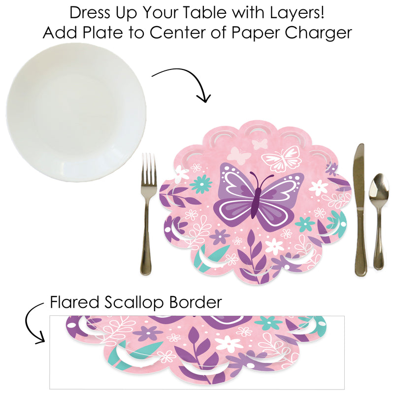 Beautiful Butterfly - Floral Baby Shower or Birthday Party Round Table Decorations - Paper Chargers - Place Setting For 12