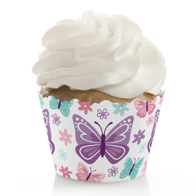 Beautiful Butterfly - Floral Baby Shower or Birthday Party Decorations - Party Cupcake Wrappers - Set of 12