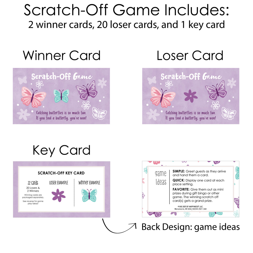 Beautiful Butterfly - Floral Baby Shower or Birthday Party Game Scratch Off Cards - 22 Count