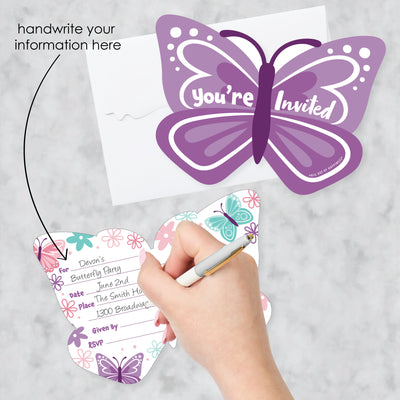 Beautiful Butterfly - Shaped Fill-In Invitations - Floral Baby Shower or Birthday Party Invitation Cards with Envelopes - Set of 12