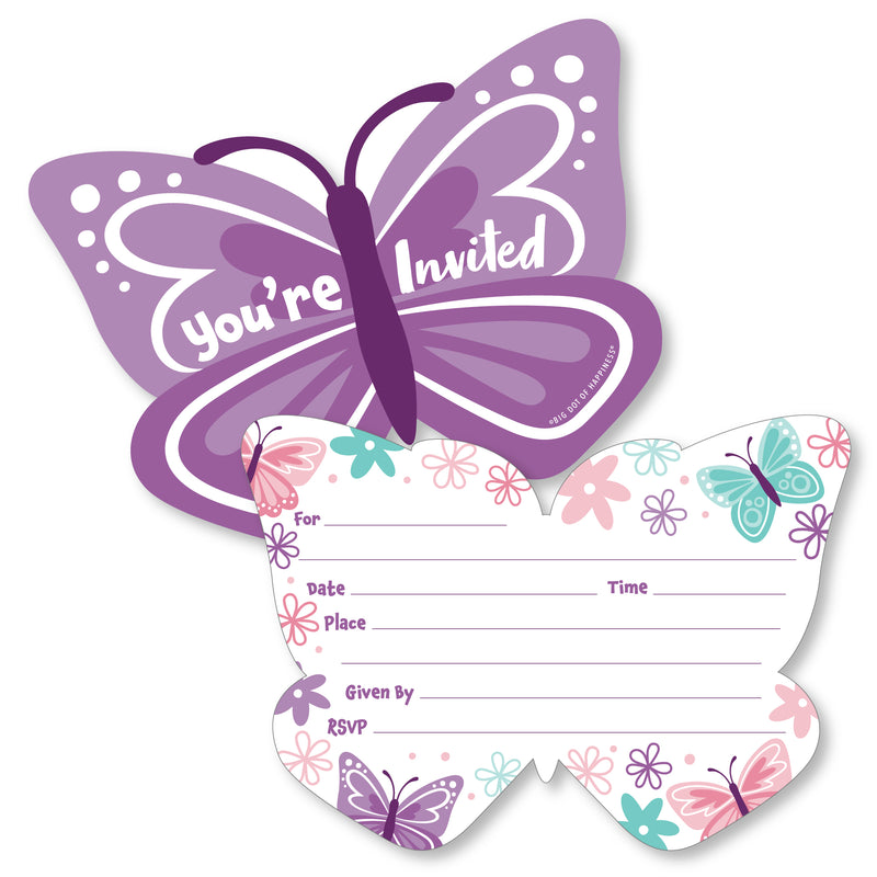 Beautiful Butterfly - Shaped Fill-In Invitations - Floral Baby Shower or Birthday Party Invitation Cards with Envelopes - Set of 12