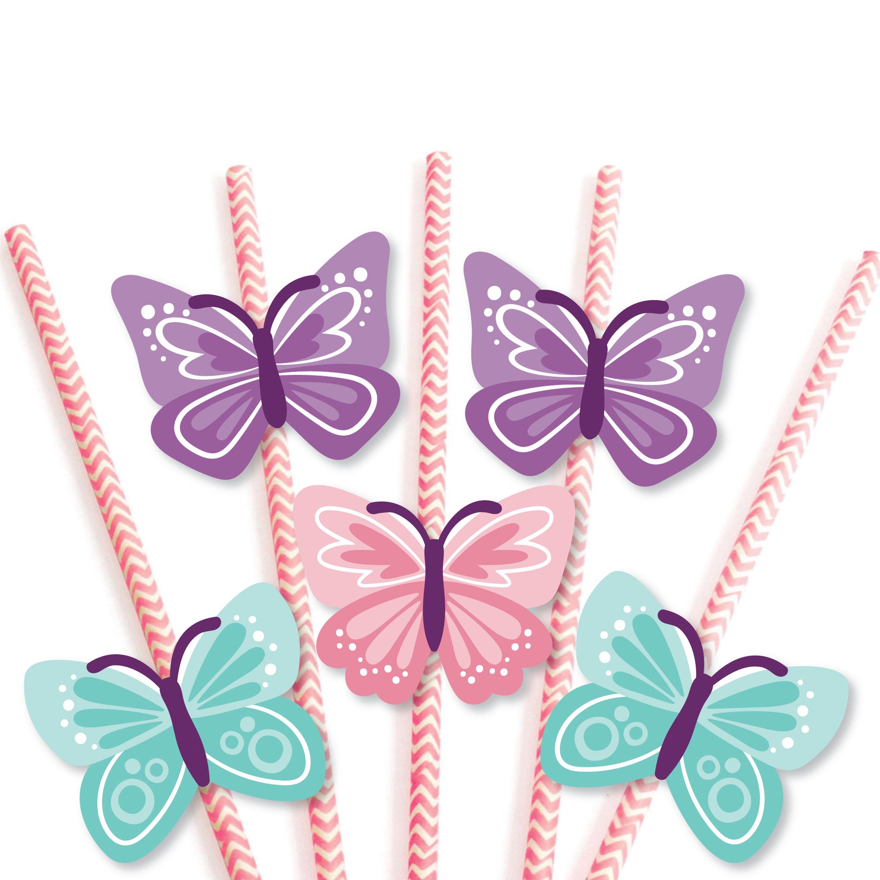 Beautiful Butterfly - Paper Straw Decor - Floral Baby Shower or Birthday  Party Striped Decorative Straws - Set of 24