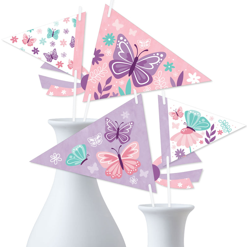 Beautiful Butterfly - Triangle Floral Baby Shower or Birthday Party Photo Props - Pennant Flag Centerpieces - Set of 20