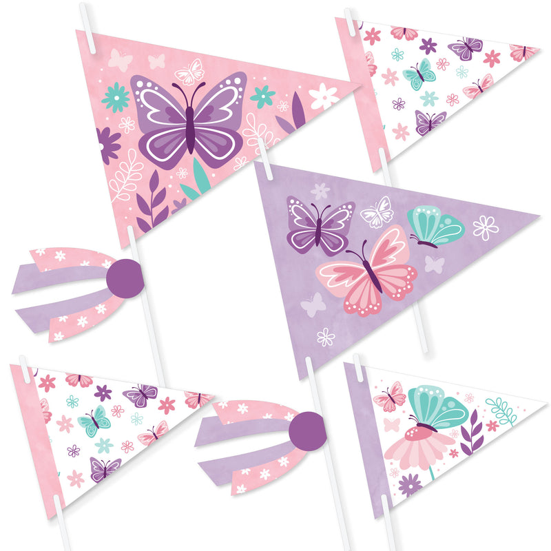 Beautiful Butterfly - Triangle Floral Baby Shower or Birthday Party Photo Props - Pennant Flag Centerpieces - Set of 20