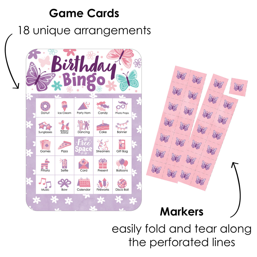 Beautiful Butterfly - Picture Bingo Cards and Markers - Floral Birthday Party Shaped Bingo Game - Set of 18