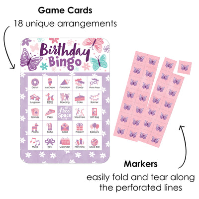 Beautiful Butterfly - Picture Bingo Cards and Markers - Floral Birthday Party Shaped Bingo Game - Set of 18