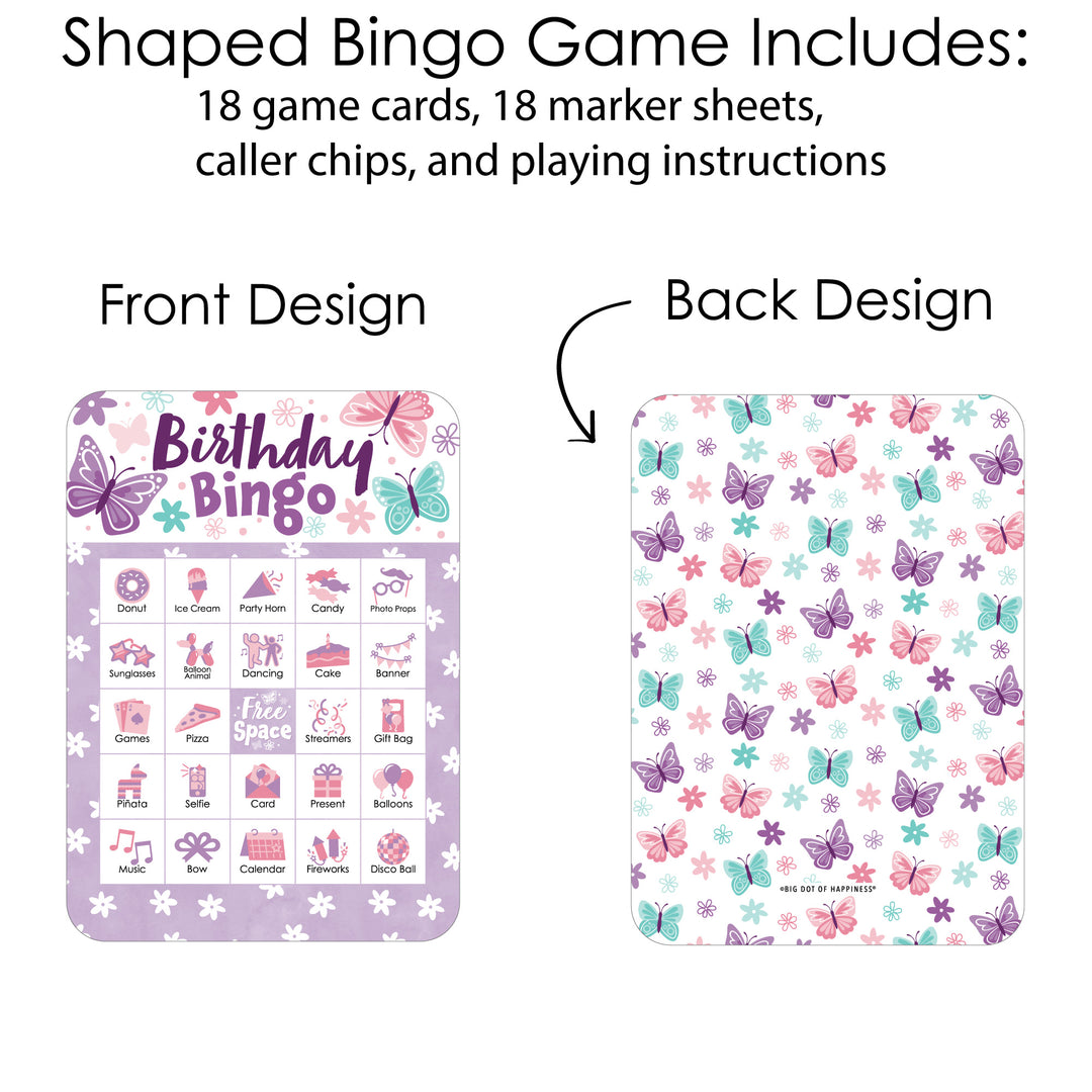Beautiful Butterfly - Picture Bingo Cards and Markers - Floral Birthday Party Shaped Bingo Game - Set of 18