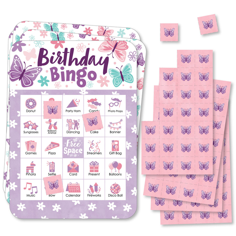 A set of 'Beautiful Butterfly - Picture Bingo Cards and Markers' for a floral birthday party shaped bingo game, including a bingo card with birthday themed pictures and perforated marker sheets.