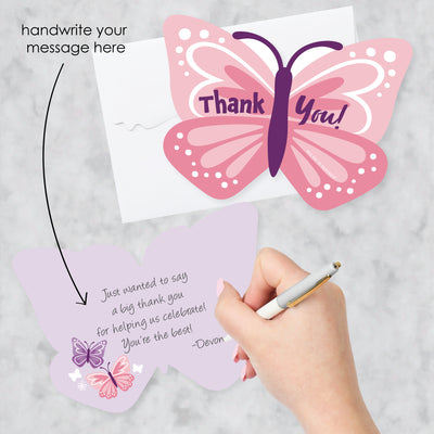 Beautiful Butterfly - Shaped Thank You Cards - Floral Baby Shower or Birthday Party Thank You Note Cards with Envelopes - Set of 12