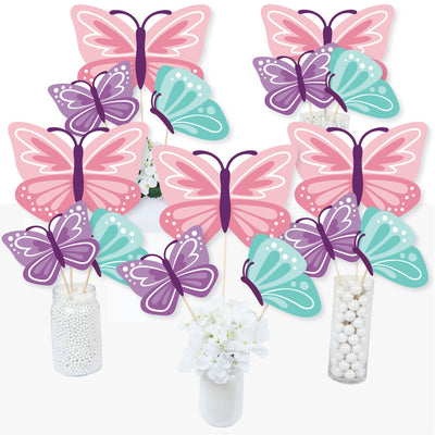 Beautiful Butterfly - Floral Baby Shower or Birthday Party Centerpiece Sticks - Table Toppers - Set of 15