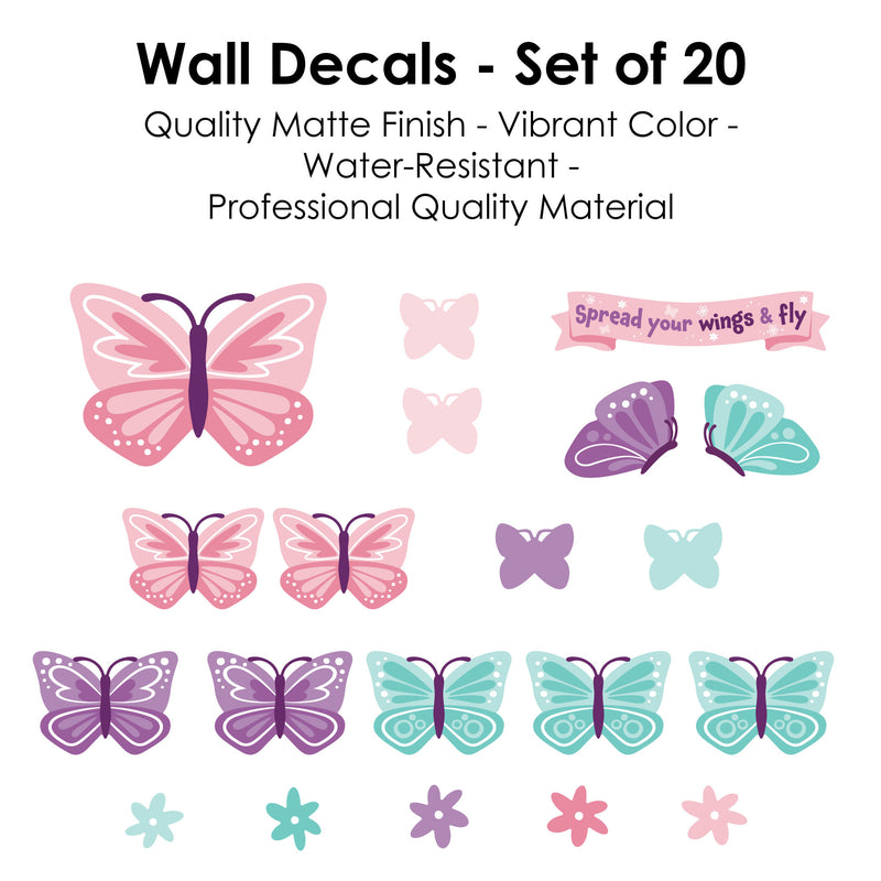 Beautiful Butterfly - Peel and Stick Nursery And Kids Room Vinyl Wall Art Stickers - Wall Decals - Set of 20