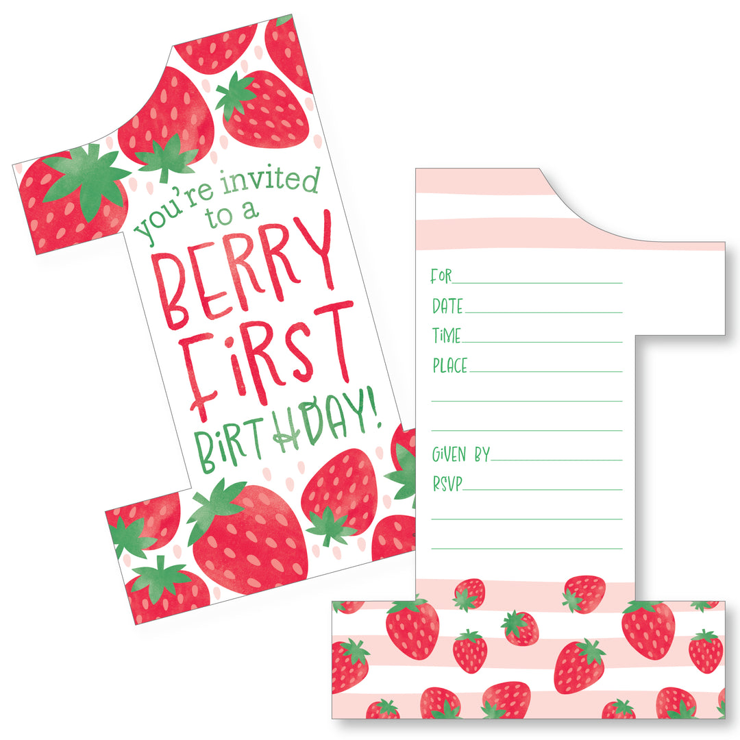Berry First Birthday - Sweet Strawberry - Shaped Fill-In Invitations - Fruit 1st Birthday Party Invitation Cards with Envelopes - Set of 12