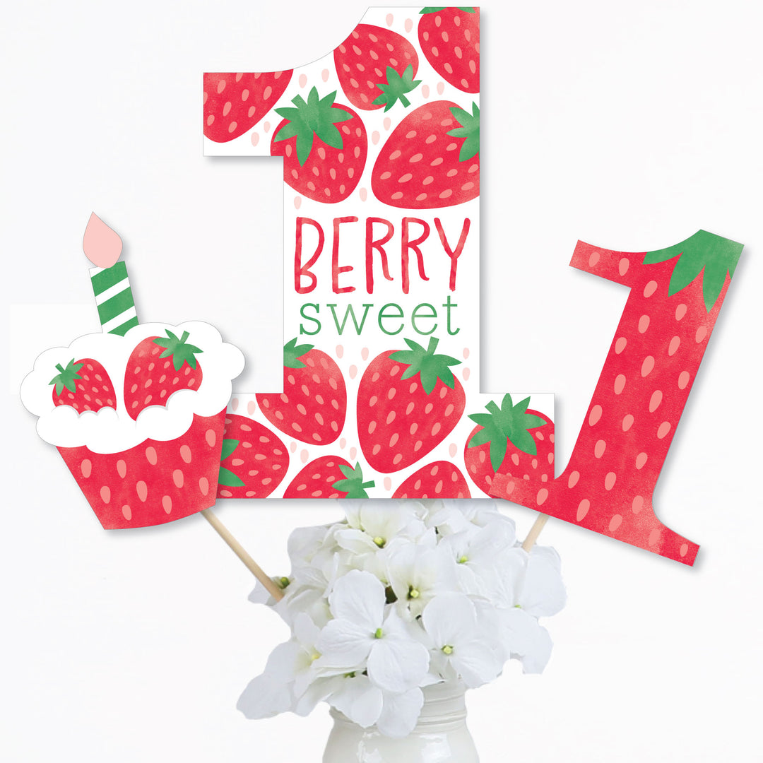 Berry First Birthday - Sweet Strawberry - Fruit 1st Birthday Party Centerpiece Sticks - Table Toppers - Set of 15