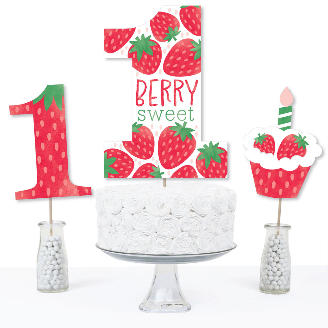 Berry First Birthday - Sweet Strawberry - Fruit 1st Birthday Party Centerpiece Sticks - Table Toppers - Set of 15