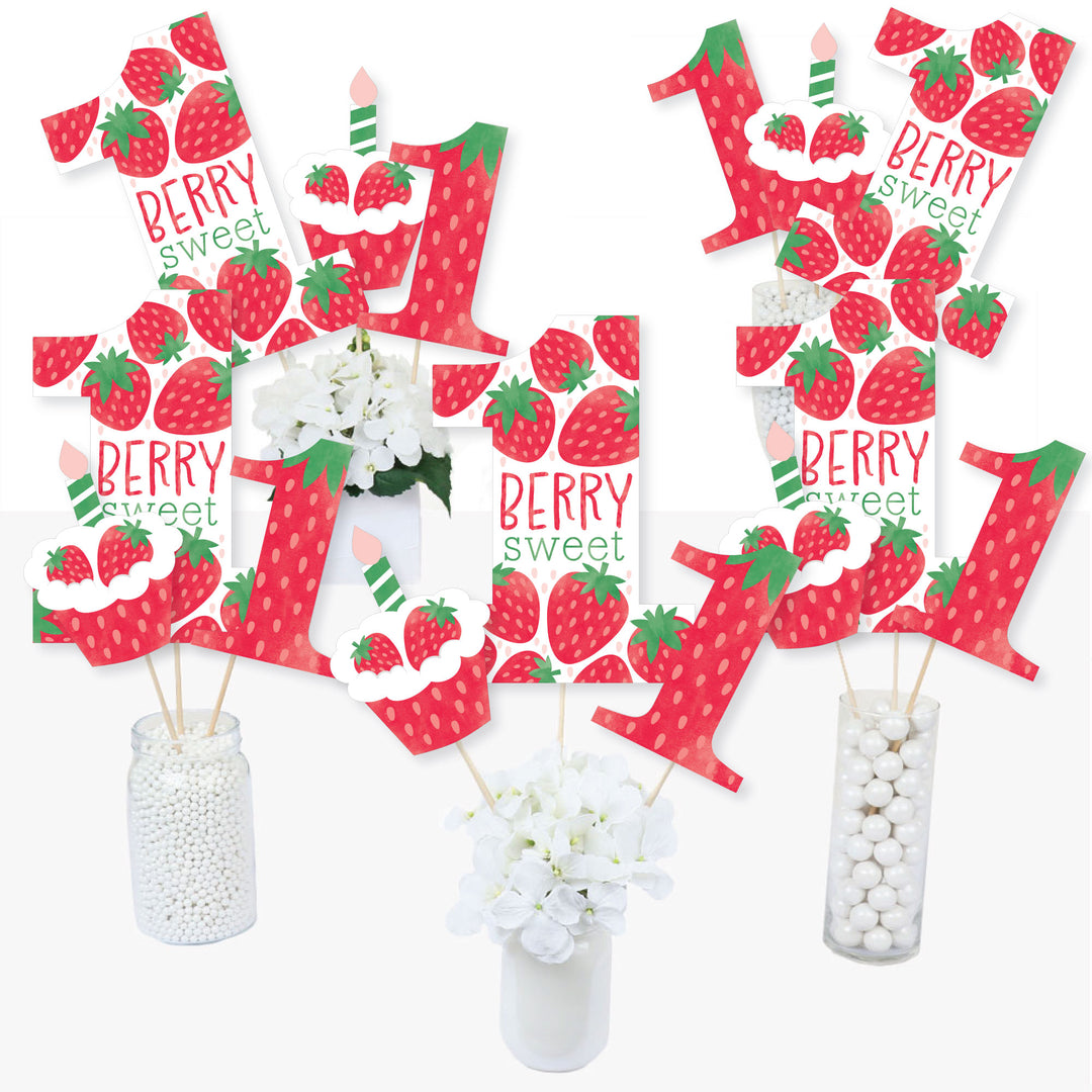 Berry First Birthday - Sweet Strawberry - Fruit 1st Birthday Party Centerpiece Sticks - Table Toppers - Set of 15
