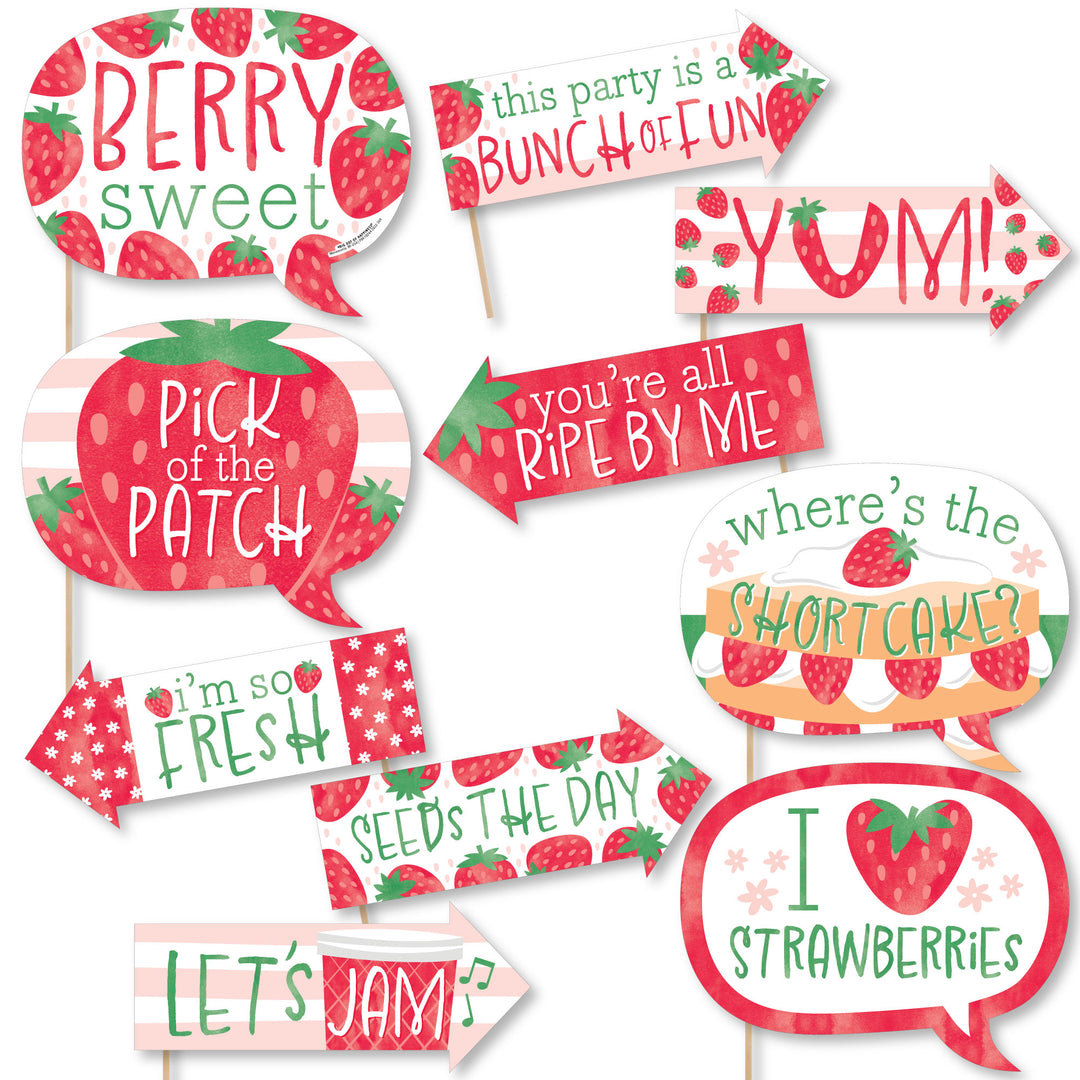 Funny Berry Sweet Strawberry - Fruit Themed Birthday Party or Baby Shower Photo Booth Props Kit - 10 Piece