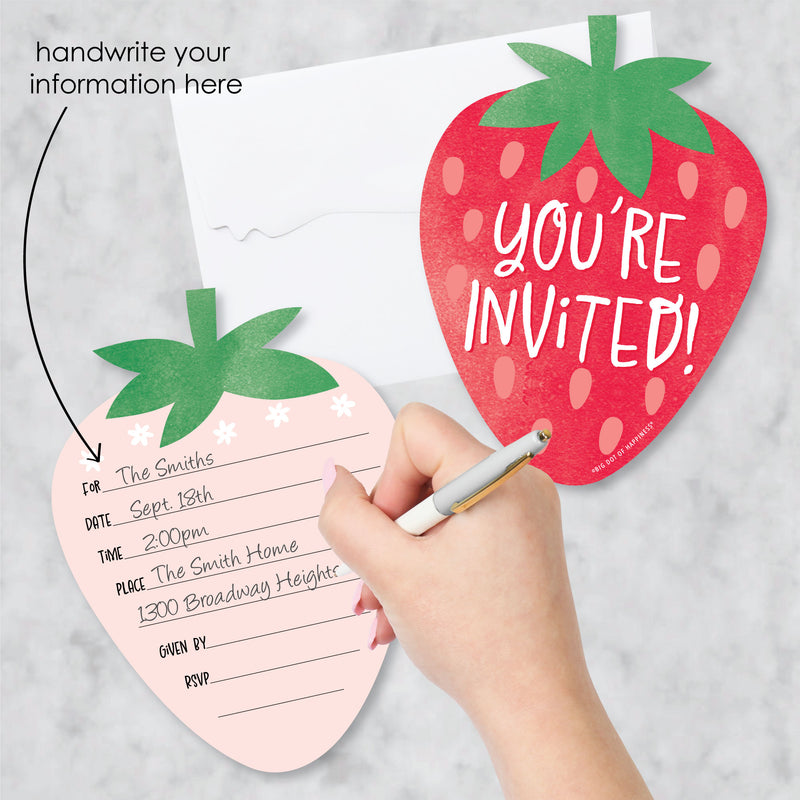 Berry Sweet Strawberry - Shaped Fill-In Invitations - Fruit Themed Birthday Party or Baby Shower Invitation Cards with Envelopes - Set of 12