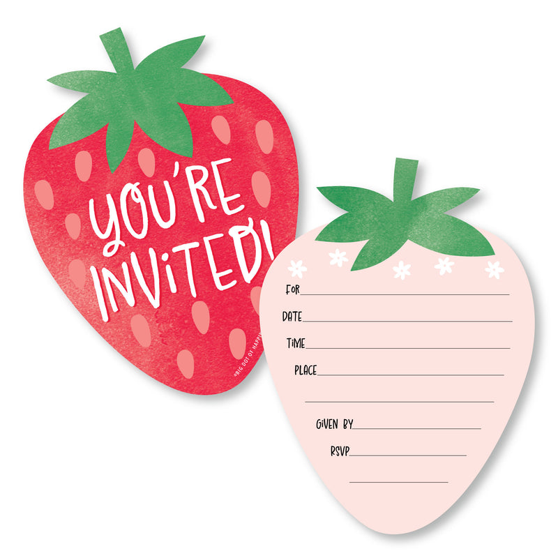 Berry Sweet Strawberry - Shaped Fill-In Invitations - Fruit Themed Birthday Party or Baby Shower Invitation Cards with Envelopes - Set of 12