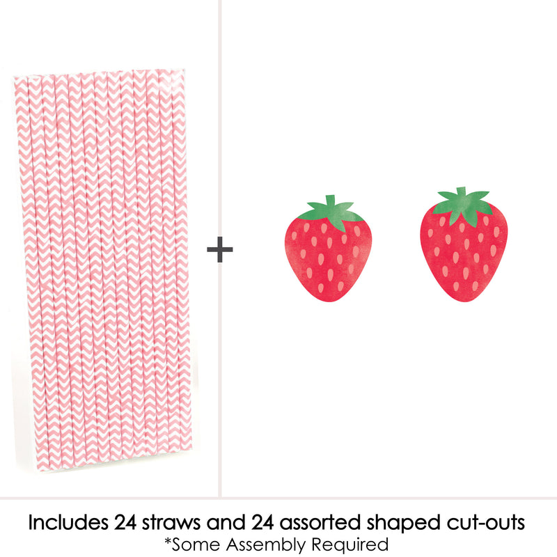 Berry Sweet Strawberry - Paper Straw Decor - Fruit Themed Birthday Party or Baby Shower Striped Decorative Straws - Set of 24