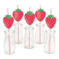 Berry Sweet Strawberry - Paper Straw Decor - Fruit Themed Birthday Party or Baby Shower Striped Decorative Straws - Set of 24