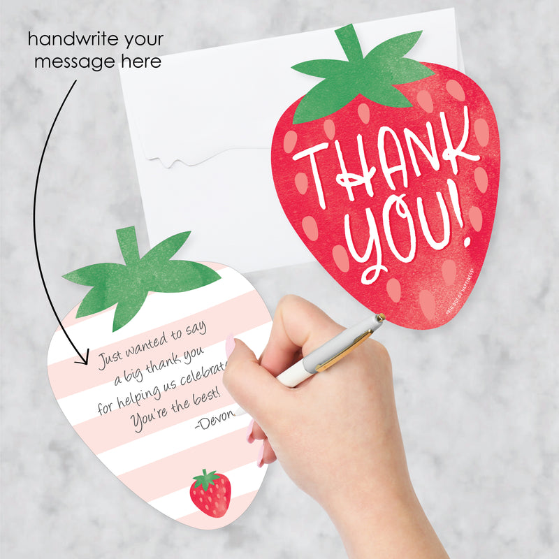Berry Sweet Strawberry - Shaped Thank You Cards - Fruit Themed Birthday Party or Baby Shower Thank You Note Cards with Envelopes - Set of 12