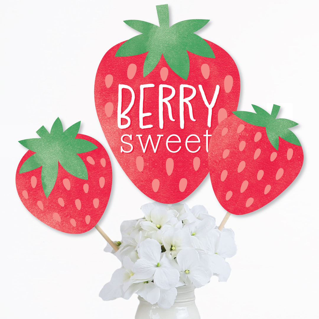 Berry Sweet Strawberry - Fruit Themed Birthday Party or Baby Shower Centerpiece Sticks - Table Toppers - Set of 15