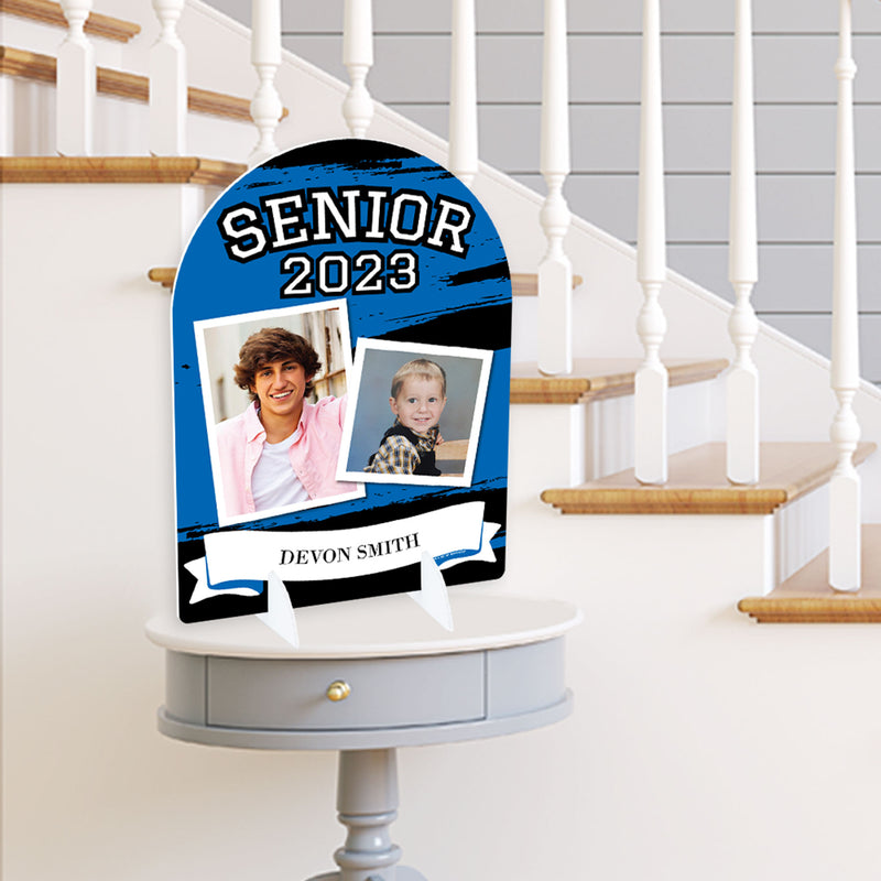 Blue Senior Night - Personalized 2023 High School Sports and Graduation Party Picture Display Stand - Photo Tabletop Sign - Upload 2 Photos - 1 Piece
