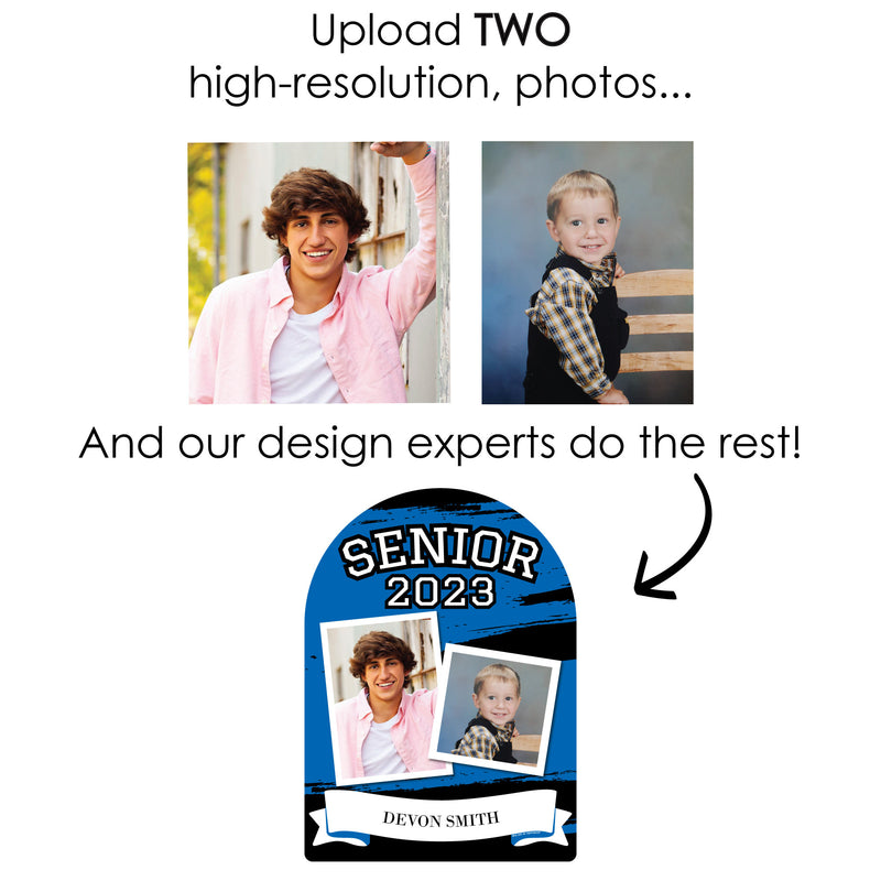 Blue Senior Night - Personalized 2023 High School Sports and Graduation Party Picture Display Stand - Photo Tabletop Sign - Upload 2 Photos - 1 Piece