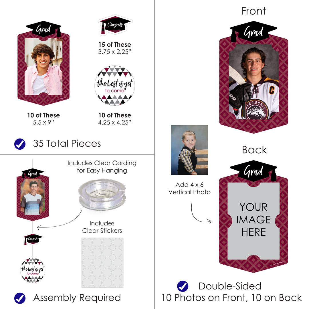 Maroon Grad - Best is Yet to Come - Burgundy Graduation Party DIY Backdrop Decor - Hanging Vertical Photo Garland - 35 Pieces