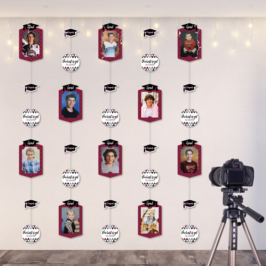 Maroon Grad - Best is Yet to Come - Burgundy Graduation Party DIY Backdrop Decor - Hanging Vertical Photo Garland - 35 Pieces