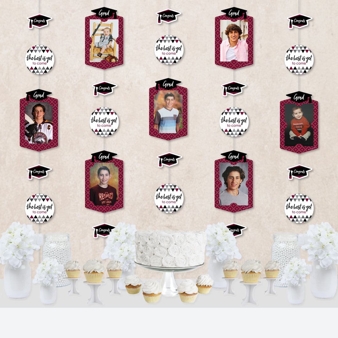Maroon Grad - Best is Yet to Come - Burgundy Graduation Party DIY Backdrop Decor - Hanging Vertical Photo Garland - 35 Pieces